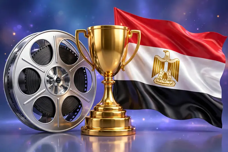 Eye-catching 3D render of a film reel and golden trophy beside the Egyptian flag in glossy 3D style, representing Rami Malek's Hollywood success and heritage