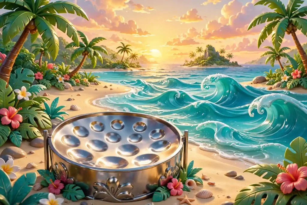 3D tropical beach paradise with palm trees, turquoise waves and steel drum at sunset