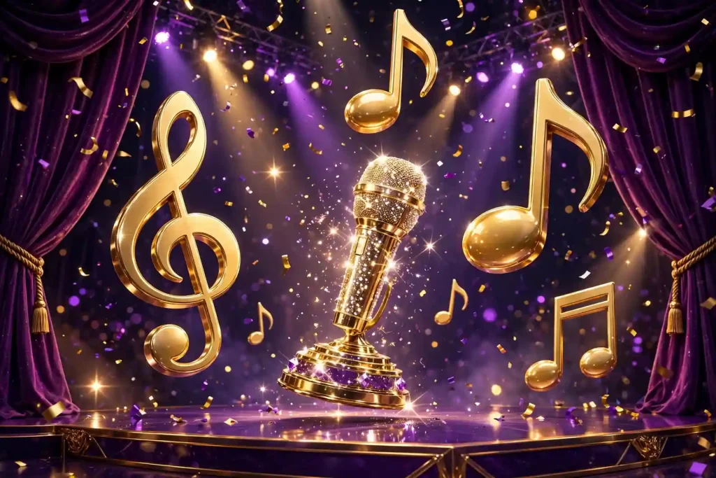 3D golden musical notes and microphone trophy over stage with spotlights and confetti