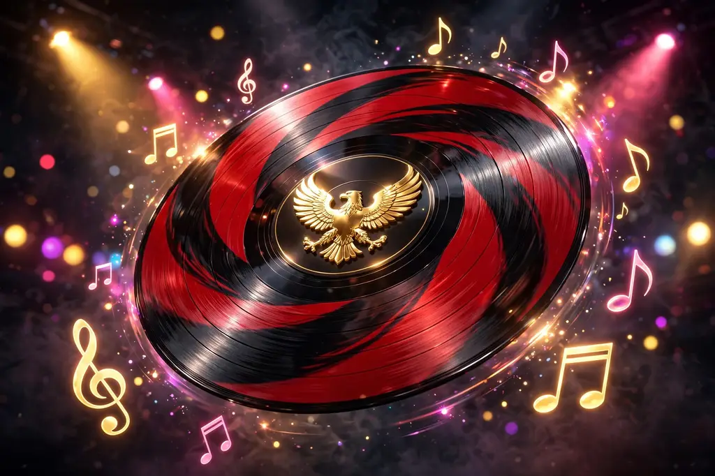 3D render of a red and black vinyl record with a golden eagle emblem