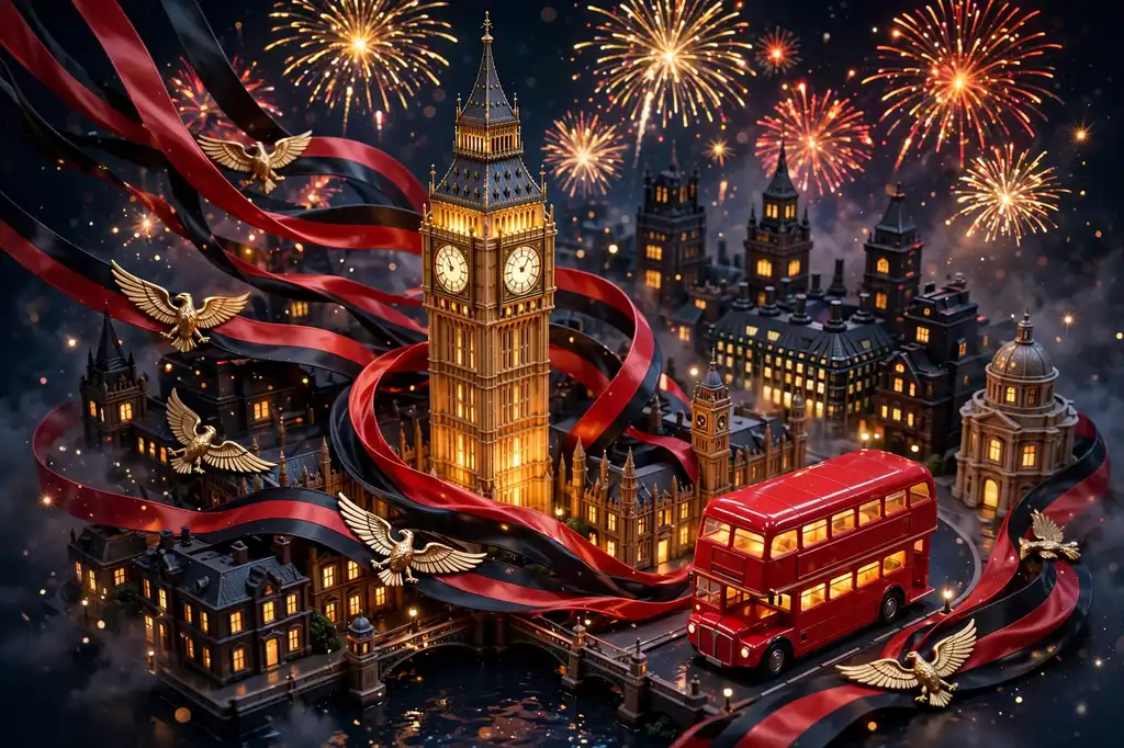 3D render of a miniature London skyline at night with Albanian red-black ribbons and fireworks