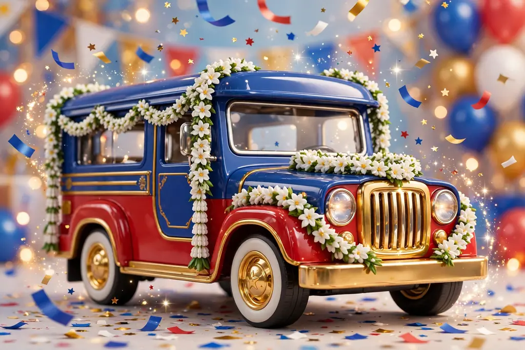 Glossy 3D render of a festive cartoon-style Filipino jeepney in blue, red, gold, and white with draped sampaguita flower garlands