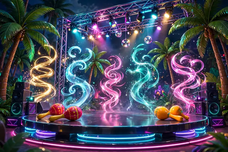 Eye-catching 3D render of a concert stage with tropical palm trees and bachata dance motifs, representing Romeo Santos's King of Bachata career