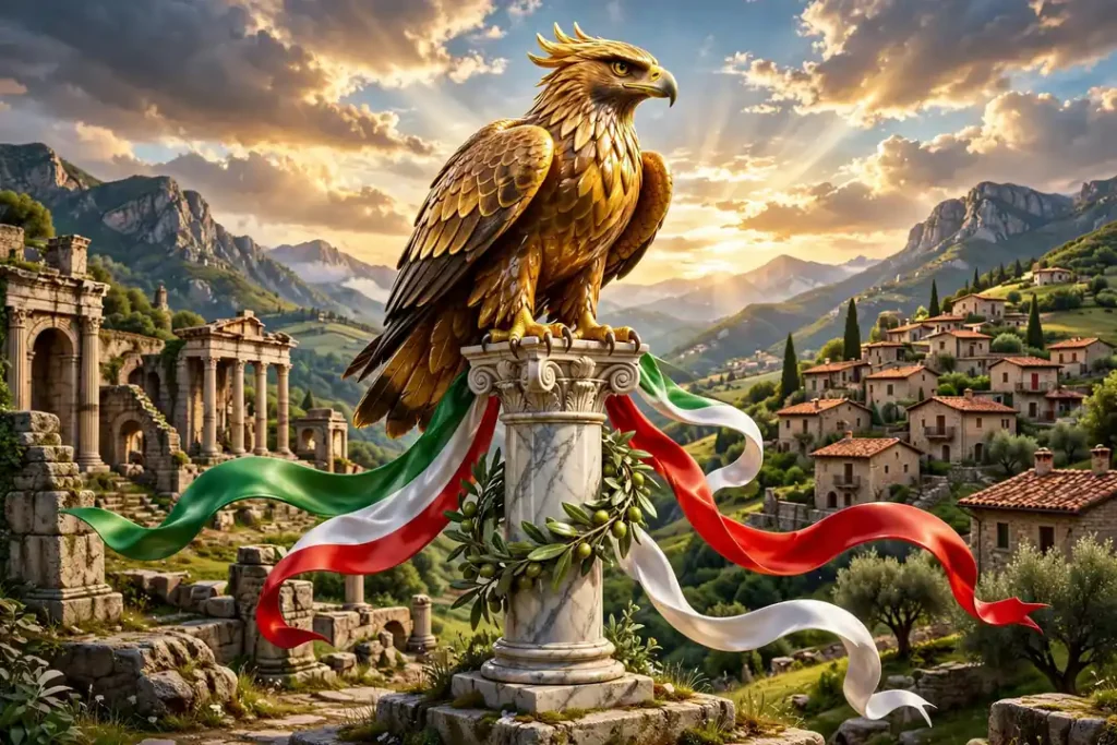 Vibrant 3D illustration of a golden eagle on an Italian marble column with olive wreath and flowing Italian tricolor ribbons against Abruzzo mountain villages