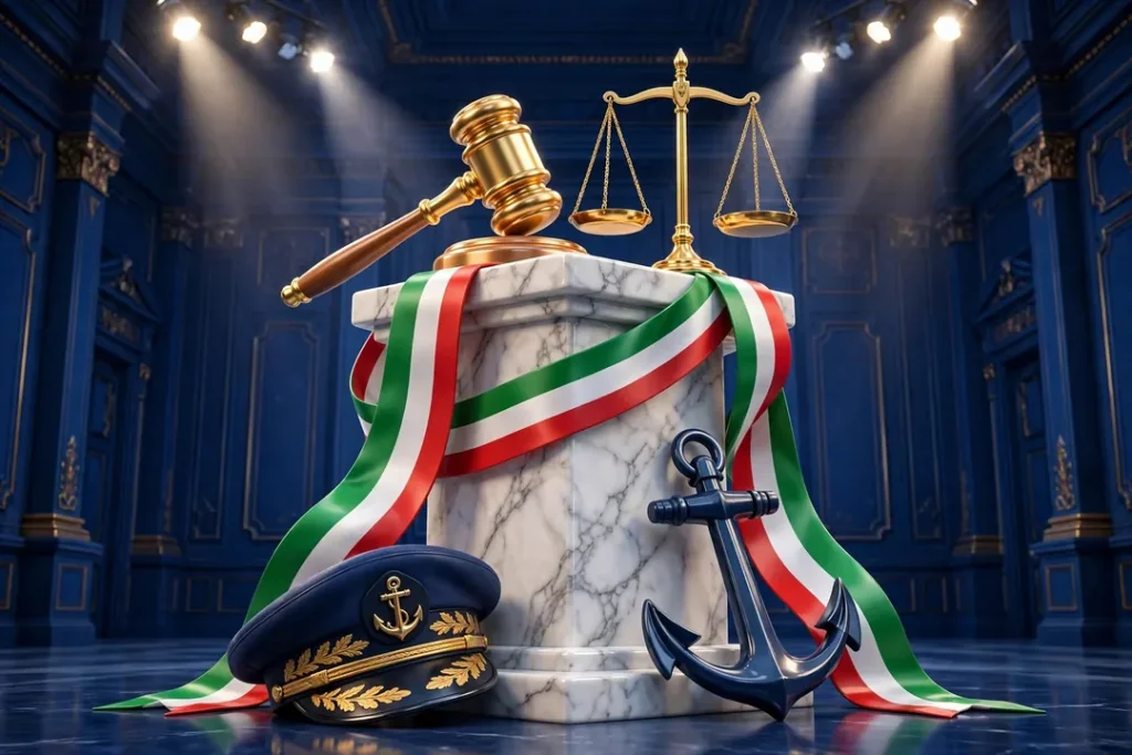 Eye-catching 3D render of a golden gavel and scales of justice on a marble pedestal with Italian flag-colored ribbons and naval motifs in a blue hall