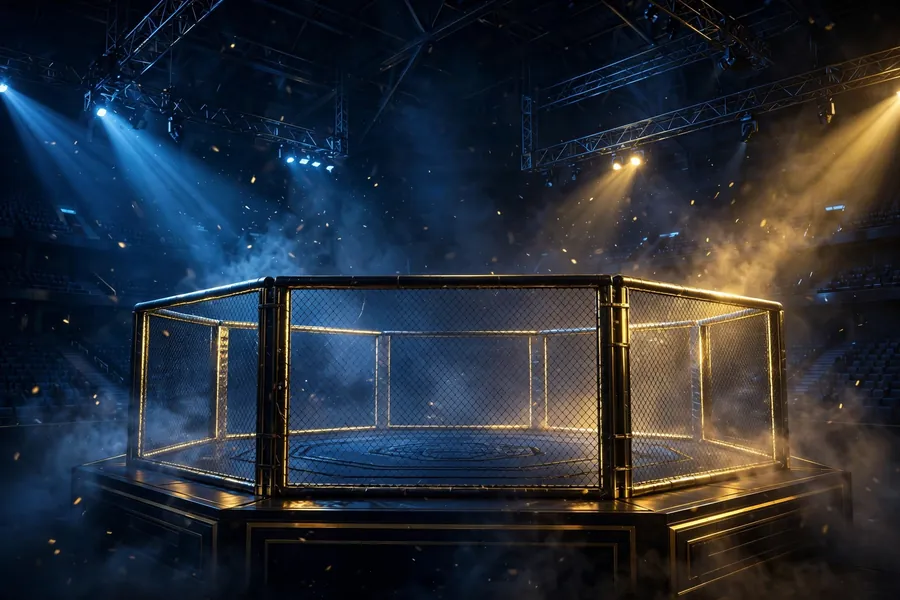3D rendered MMA octagon arena scene with vibrant dramatic lighting