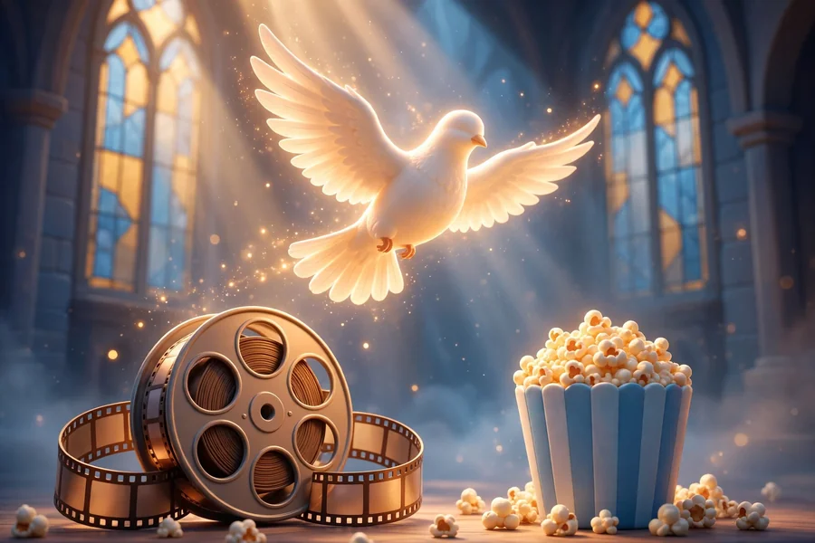 3D render of a dove flying over a film reel, symbolizing the Ryan Reynolds and Pope Francis connection