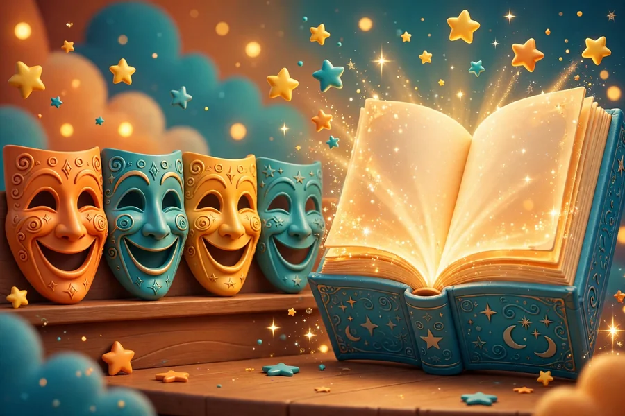 3D illustration of comedy masks and a glowing storybook linked to Pope Francis