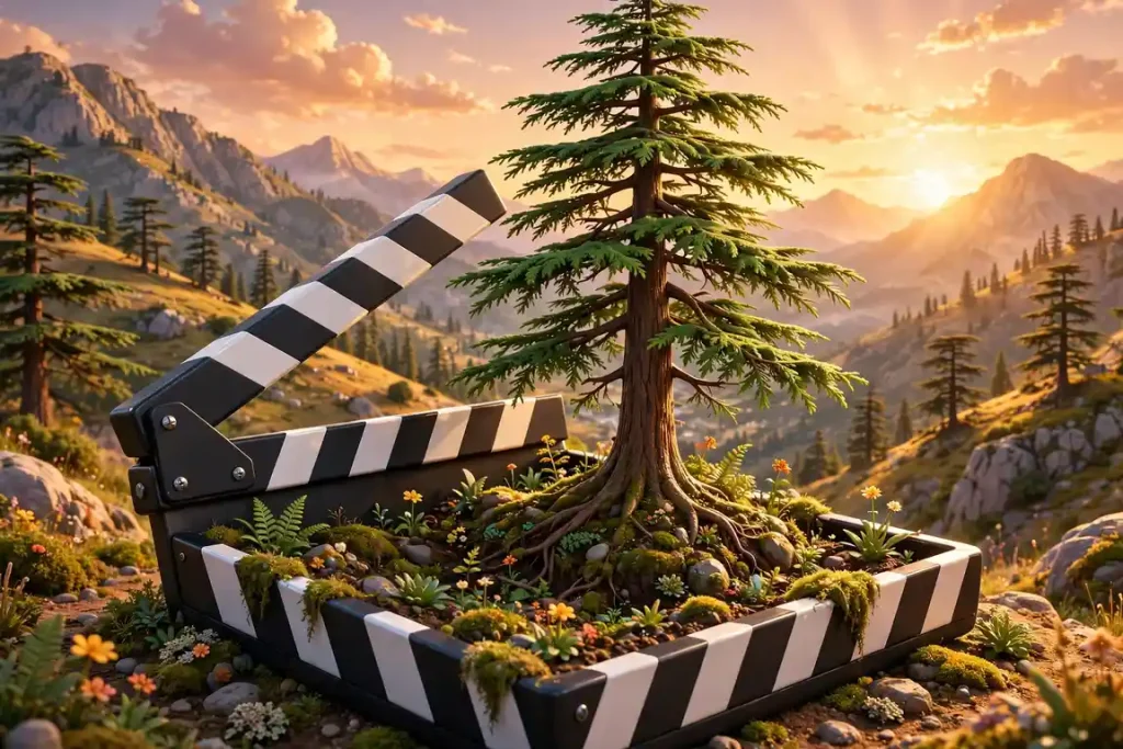 Glossy 3D illustration of a cedar tree growing from a film clapperboard in a Lebanese mountain landscape