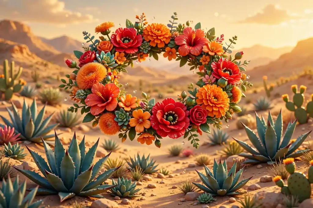 Glossy 3D render of a vibrant floral crown over a desert agave landscape at golden hour
