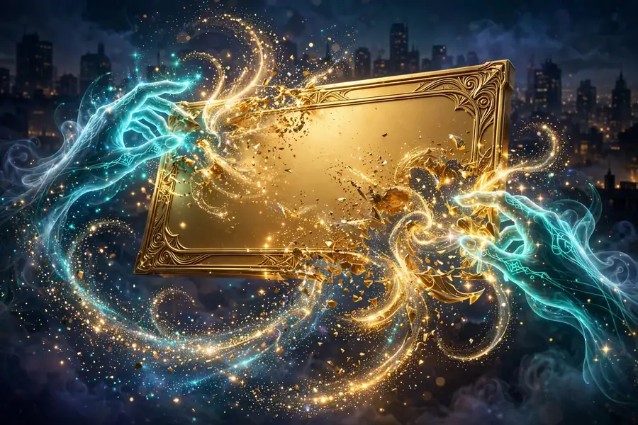 3D render of a golden nameplate being reshaped, symbolizing self-reinvention