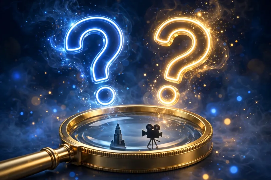 3D render of glowing neon question marks over a magnifying glass with skyscraper and film camera