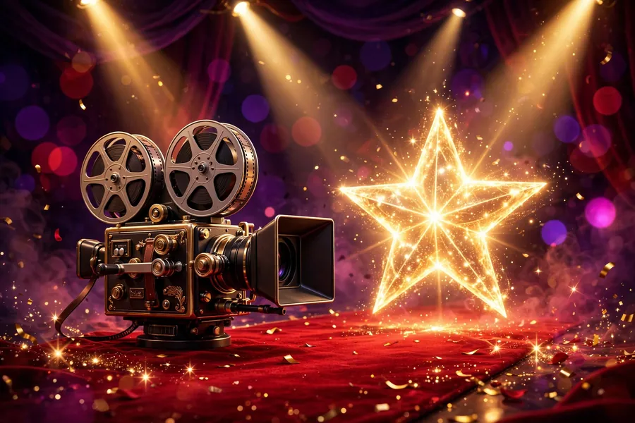 Colorful 3D render of a film camera and glowing star on a red carpet, symbolizing Nicole Kidman's Hollywood career