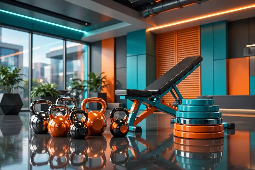 Modern 3D gym interior with kettlebells, weight plates and bench in teal and orange