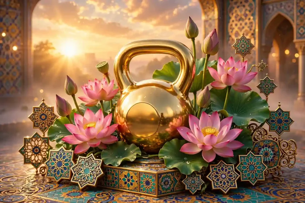 3D golden kettlebell with lotus flowers and Persian geometric ornaments at sunrise