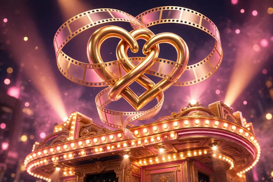 3D render of two intertwined golden hearts wrapped in a film-strip ribbon under a vintage Hollywood marquee with spotlights