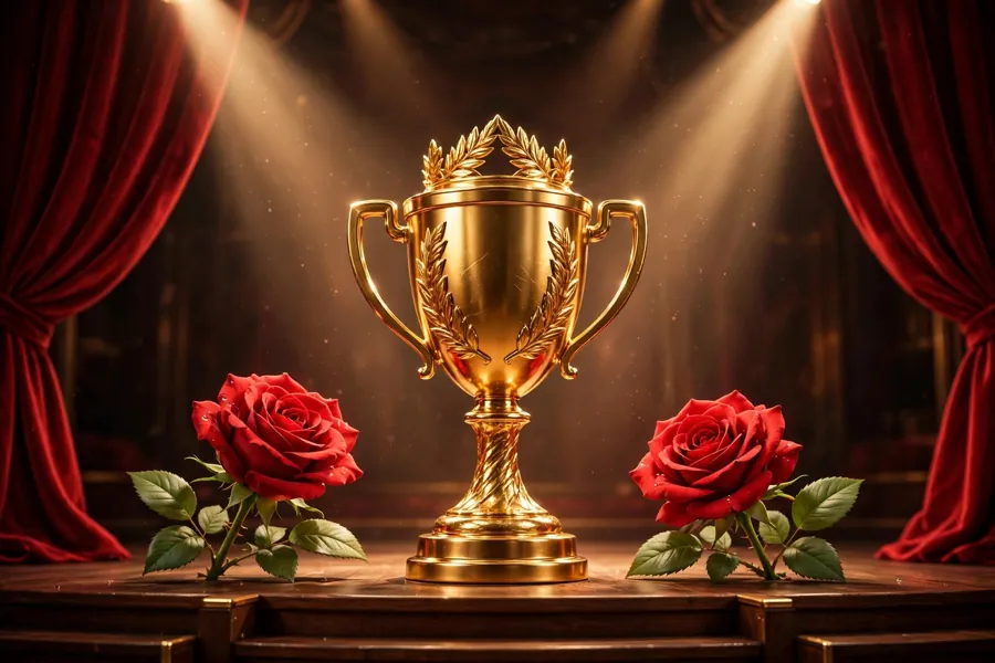 3D render of a golden trophy on a theater stage between two red roses, celebrating Sarah Paulson and Holland Taylor's acclaimed careers