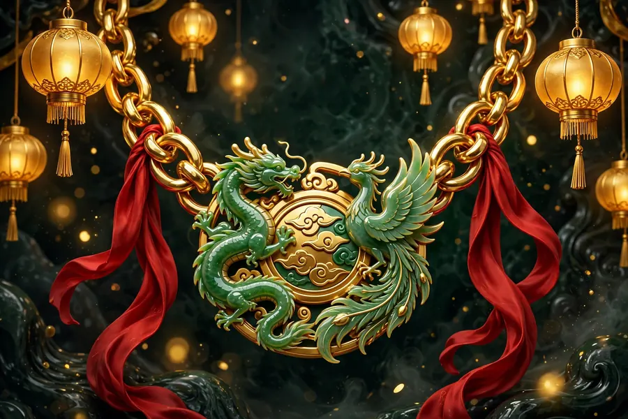 Vibrant 3D illustration of a golden immunity necklace with jade dragon and phoenix motifs and red silk ribbons under glowing golden lanterns