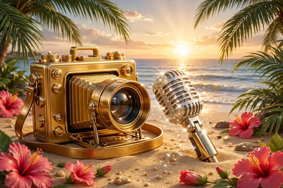 Glossy 3D render of a golden vintage news camera and sparkling microphone on a tropical beach, representing Savannah Louie's journalism career