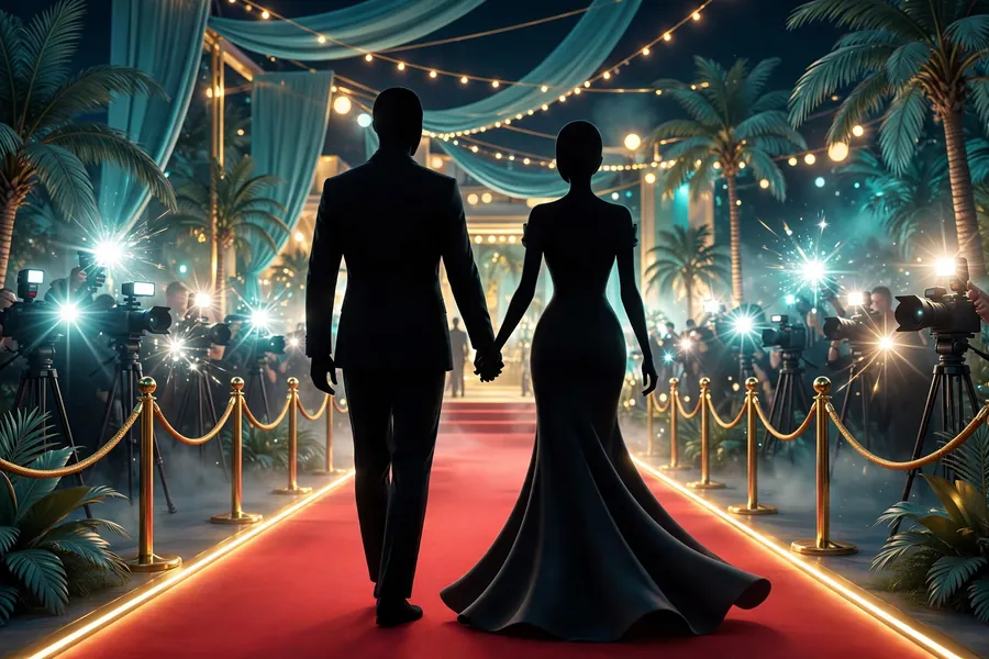 3D scene of a glamorous couple arriving hand in hand at a film festival in Venice