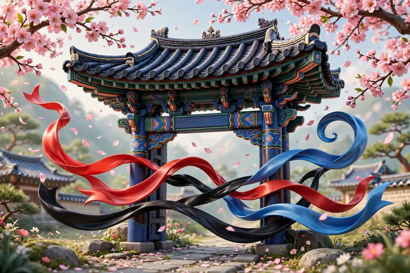 Vibrant 3D illustration of a Korean-inspired temple gate with flowing red, blue, and black ribbons symbolizing Sean Reifel's Korean and Black heritage