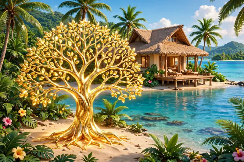 Eye-catching 3D render of a tropical Fiji villa with palm trees and a golden family tree, representing Sean Reifel's Love Island journey