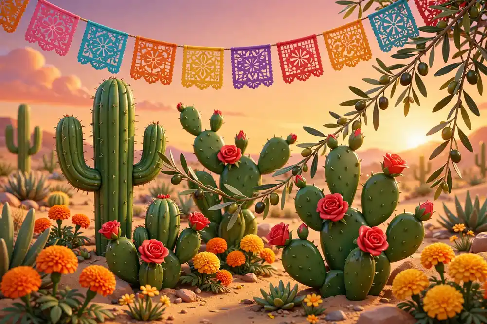 Glossy 3D illustration of a desert cactus garden with blooming red roses and marigold flowers, papel picado style banners, and Italian olive branches at sunset