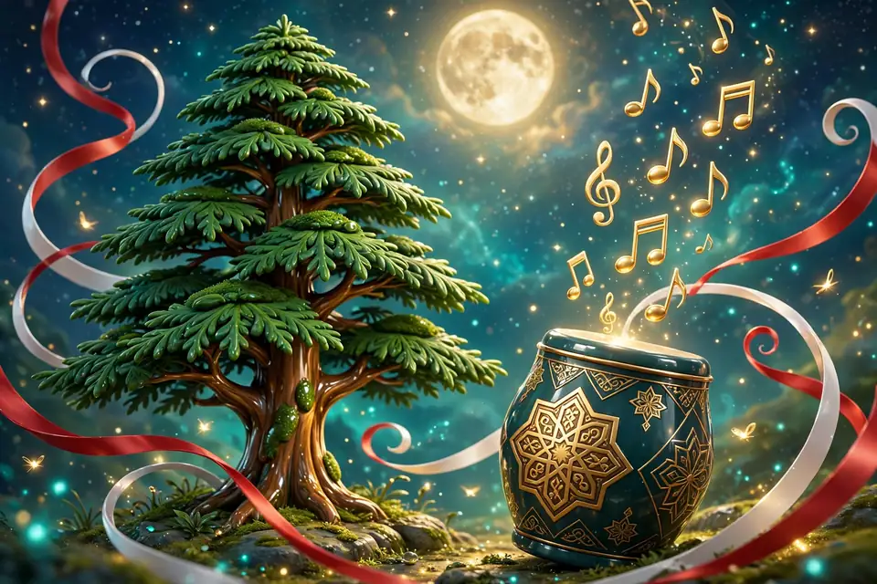Glossy 3D illustration of a green Lebanese cedar tree under a starry night sky with a darbuka drum, floating golden music notes, and swirling red and white ribbons