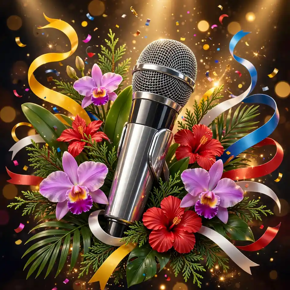 Glossy 3D illustration of a stage microphone surrounded by tropical Colombian flowers, a cedar branch, and flowing yellow, blue, red, and white ribbons in golden spotlight glow