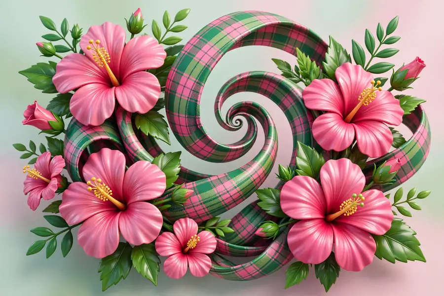 Glossy 3D render of tropical hibiscus flowers with a Scottish tartan pattern swirl