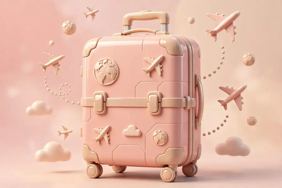 Glossy 3D render of a stylish 3D suitcase with travel motifs, symbolizing Shay Mitchell's BEIS brand