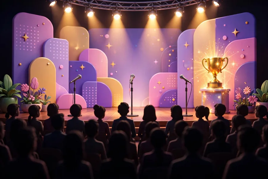 3D cartoon women's leadership conference stage with microphones and a gold award trophy