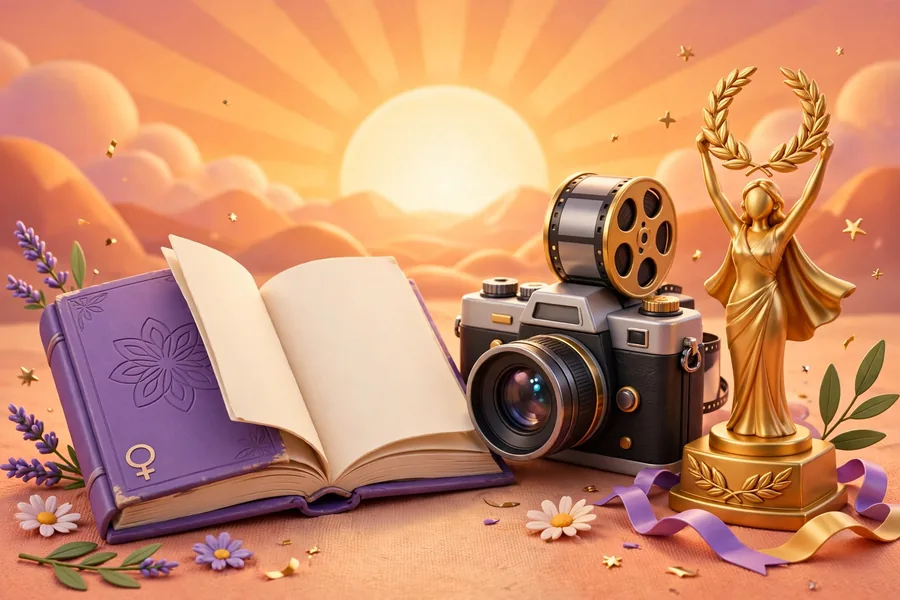 3D cartoon open book, film camera and gold award statue under a rising sun