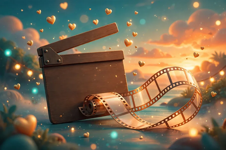 3D illustration of a vintage cinema clapperboard with an unrolling film strip against a romantic sunset