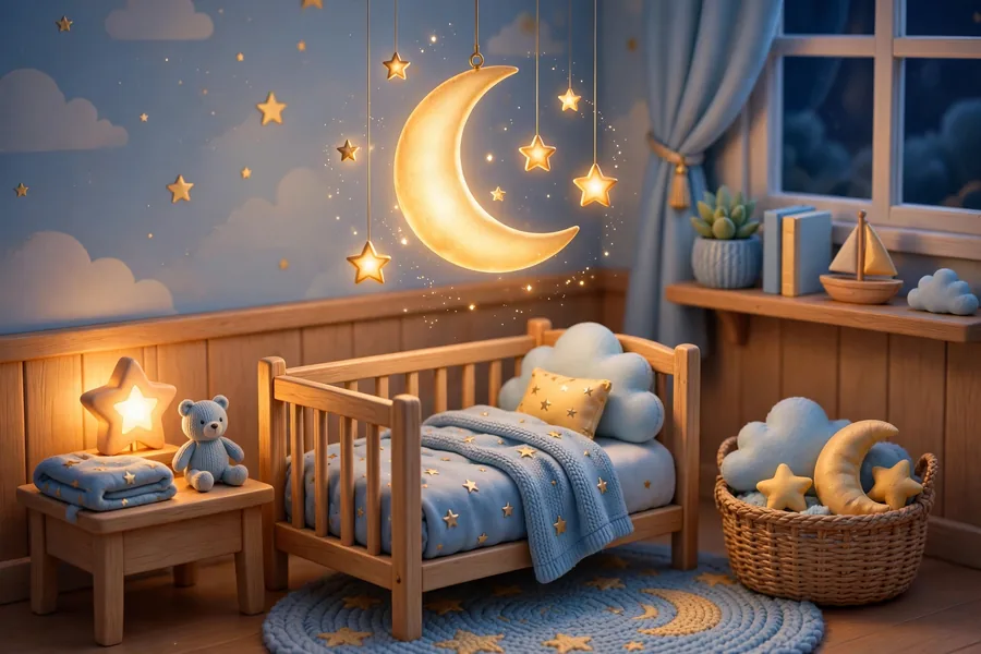 3D illustration of a cozy nursery with a glowing moon-and-stars mobile above a small crib