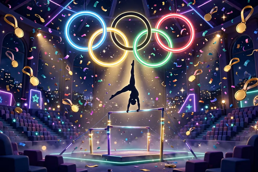 3D render of a gymnastics arena at night with glowing medals, for the Simone Biles and Robin Li article