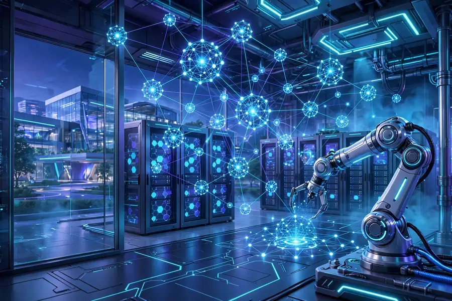 3D illustration of a futuristic AI data center with glowing network nodes, reflecting Robin Li's Baidu tech world