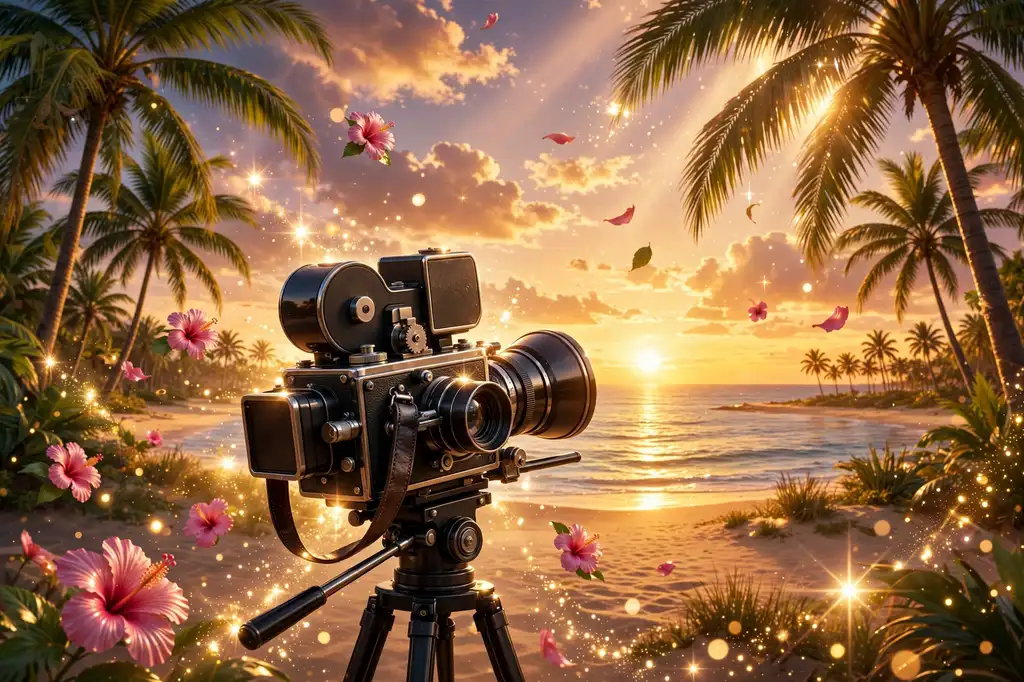 3D render of palm trees at sunset with a vintage film camera and floating hibiscus flowers