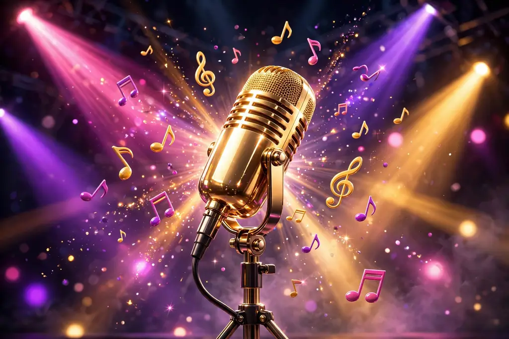 3D render of a golden stage microphone with colorful concert lights and musical notes