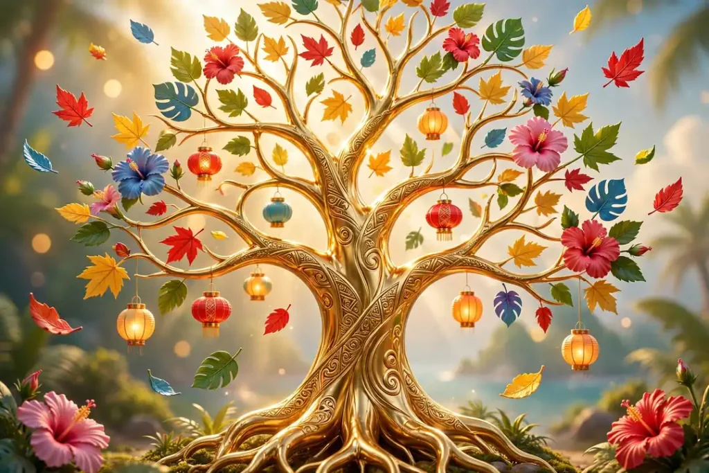 Vibrant 3D illustration of a golden family tree with colorful floating leaves, paper lanterns and hibiscus flowers, symbolizing Sophia Hammons's multicultural Asian Pacific heritage