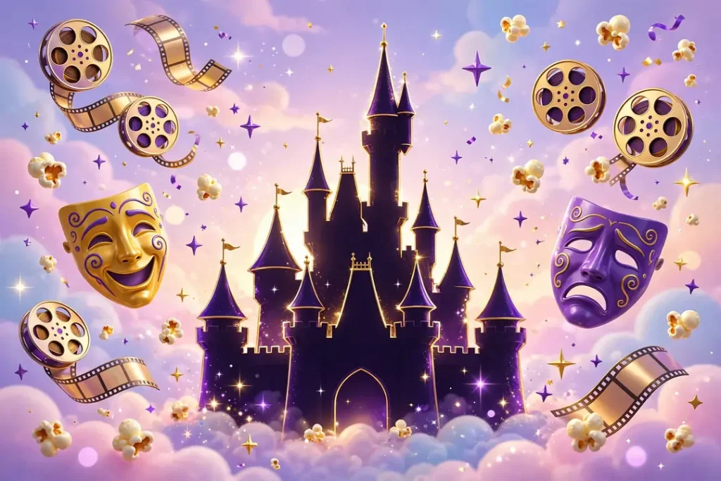 Eye-catching 3D render of a magical purple and gold castle with floating film reels, popcorn and sparkling stars, celebrating Sophia Hammons's young acting career
