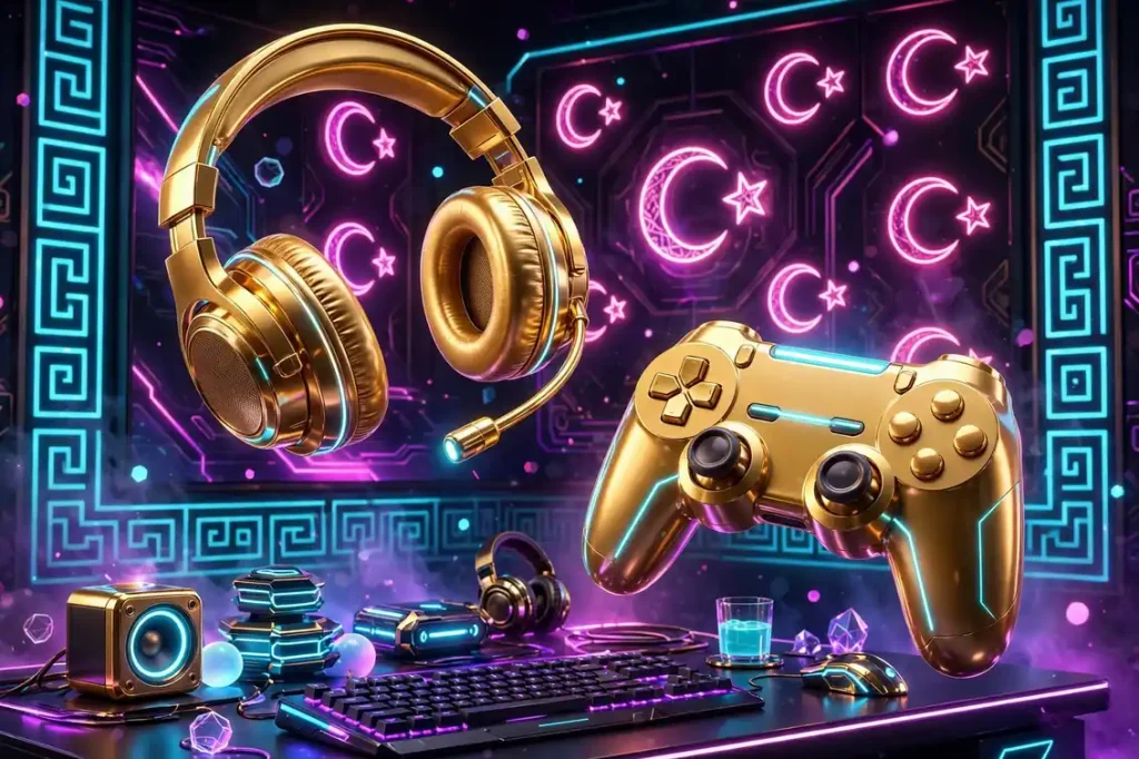 Vibrant 3D illustration of a golden gaming headset and controller floating over a neon-lit gaming setup with Greek key patterns and Turkish crescent motifs