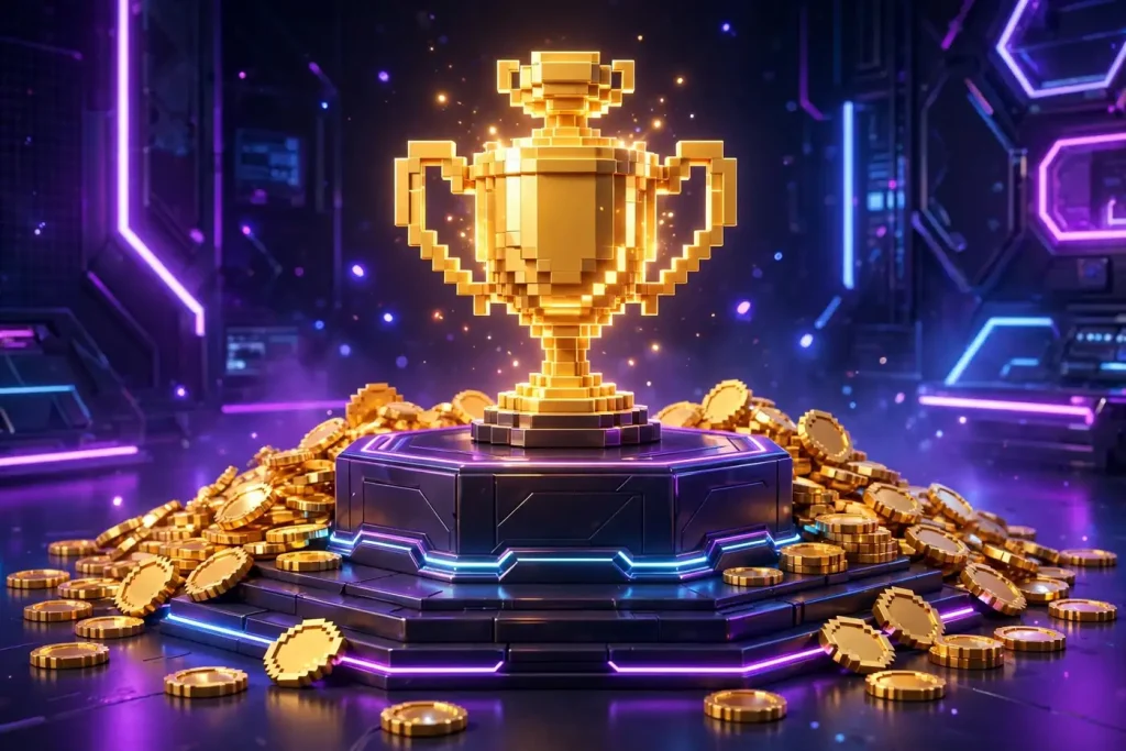 Eye-catching 3D render of golden pixel-art coins and a glowing trophy cup on a pedestal with neon purple and blue gaming lights