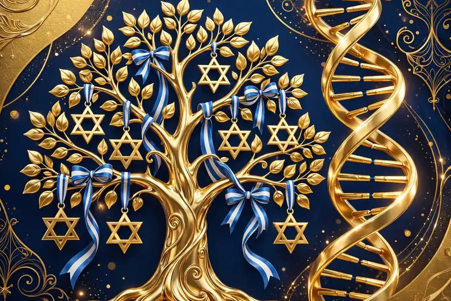 Vibrant 3D illustration of a golden family tree with Star of David ornaments and blue-white ribbons, symbolizing Stable Ronaldo's Jewish family roots