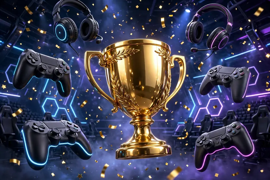 Glossy 3D render of a golden champion's trophy cup with game controllers and headsets in a glowing esports arena