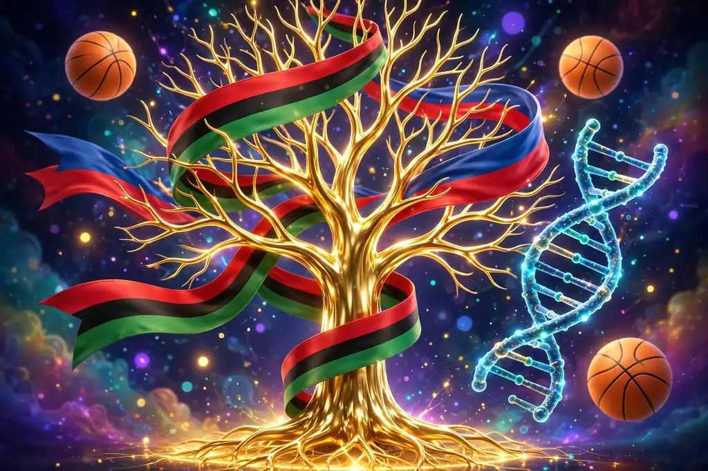 3D illustration of a golden family tree wrapped in Pan-African and Haitian flag-colored ribbons with floating basketballs and a DNA helix