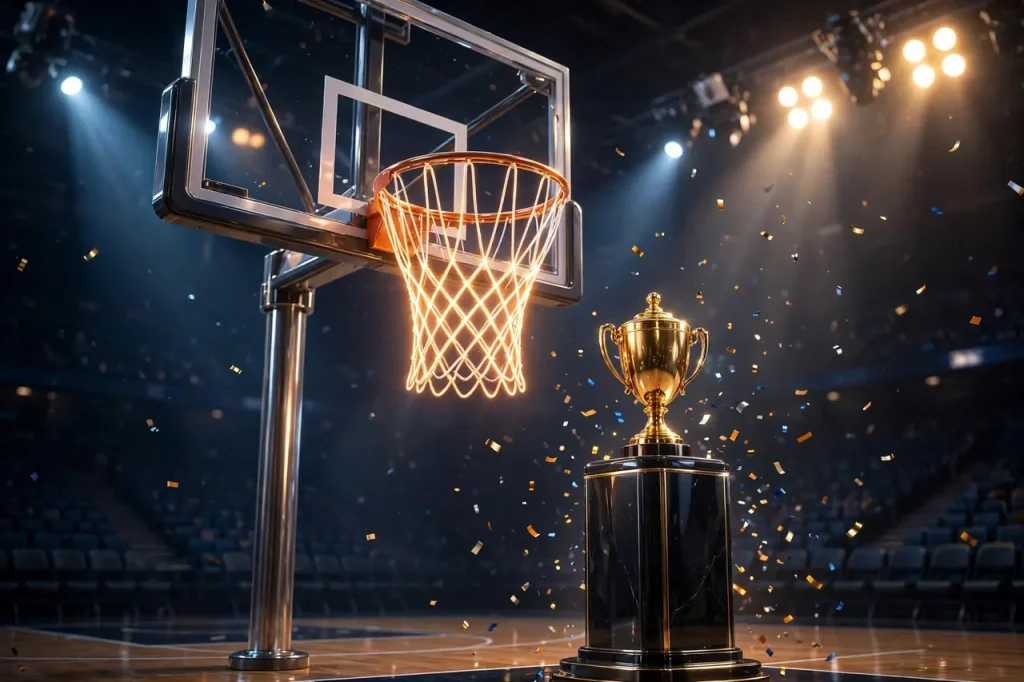 Glossy 3D render of a basketball hoop with glowing net and a golden trophy on a podium under arena lights with confetti