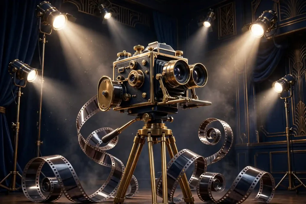 3D vintage film camera on tripod with curling film strips and spotlights
