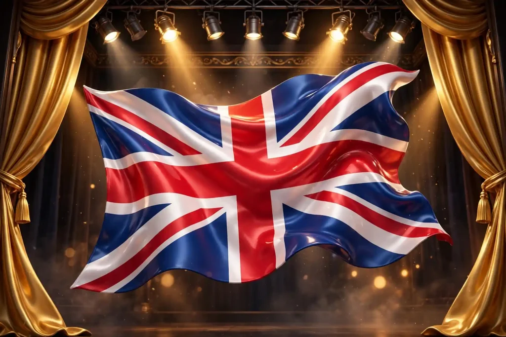 3D Union Jack flag sculpted from glossy silk with golden stage curtains