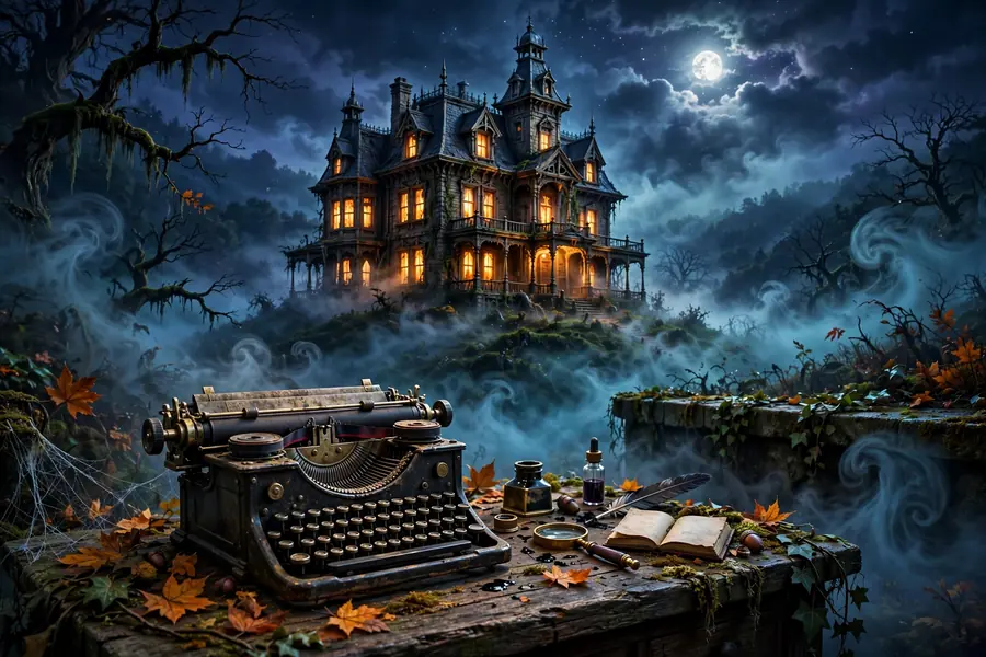 3D haunted Victorian mansion with a typewriter evoking Stephen King's horror novels